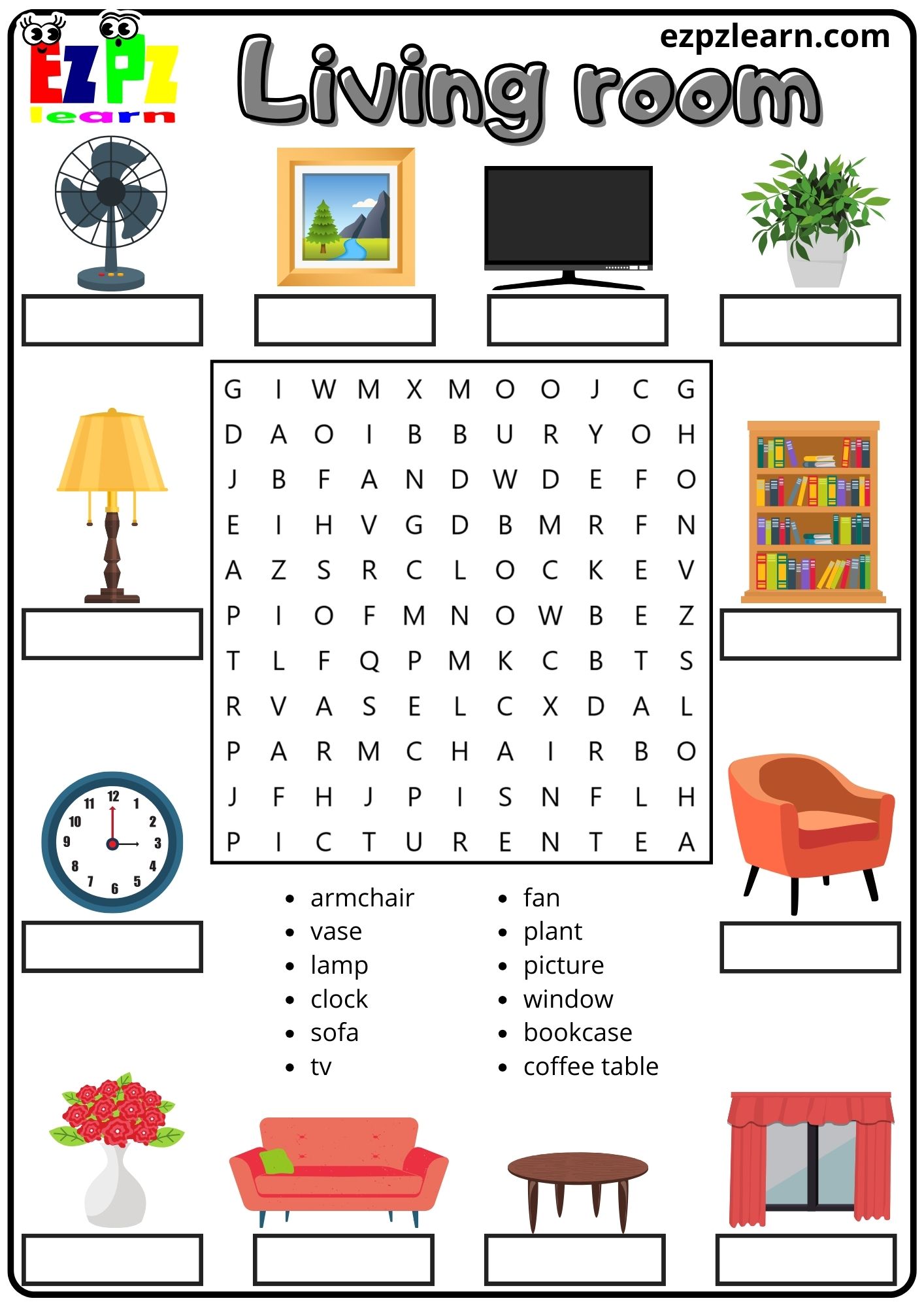 Living Room Vocabulary Word Search and Match the Words Activity for